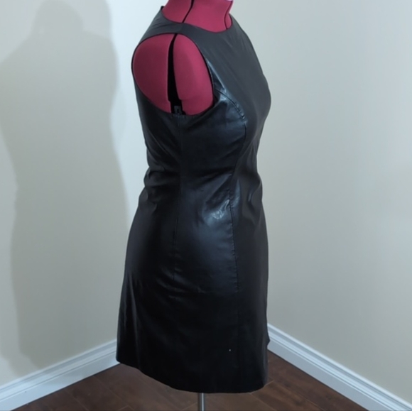 Laurence Roy| Black Faux Leather Sleeveless Midi Dress With Slit Distressed - Picture 3 of 15